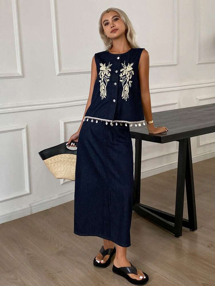 Women's Elegant Embroidered Denim Fringe Vest And Denim Mini Skirt Suit, Summer