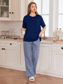 Dream Adore Solid Color Casual Letter Graphic T-Shirt Top And Stripe Jacquard Long Pants Pajama Set