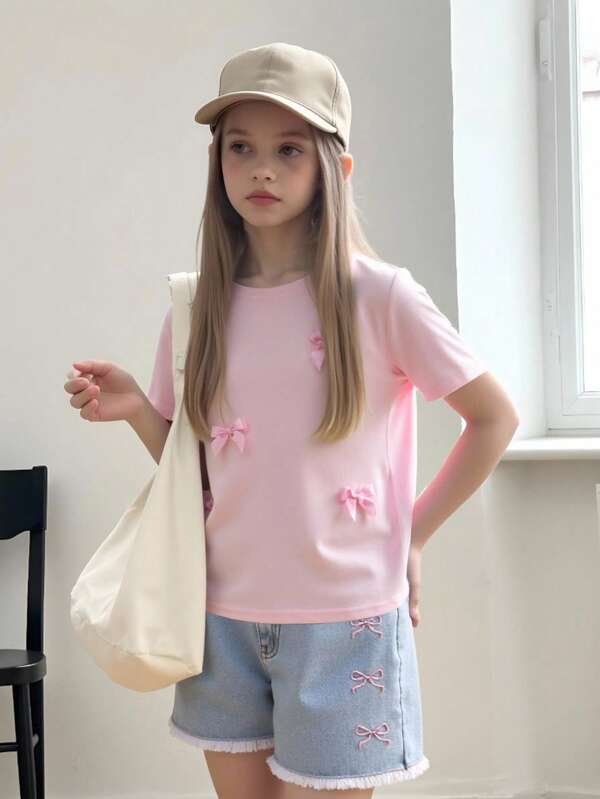 2pcs Set Tween Girls Pink T-Shirt & Denim Shorts, Paired With Cute Bow Decor, Ideal For Casual Outings, College Style, And Beach Trips