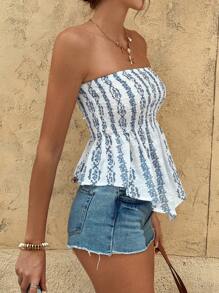 Serisse Women's Floral Print Ruffle Hem Fashionable Tube Top For Vacation Summer - Blue - View 6