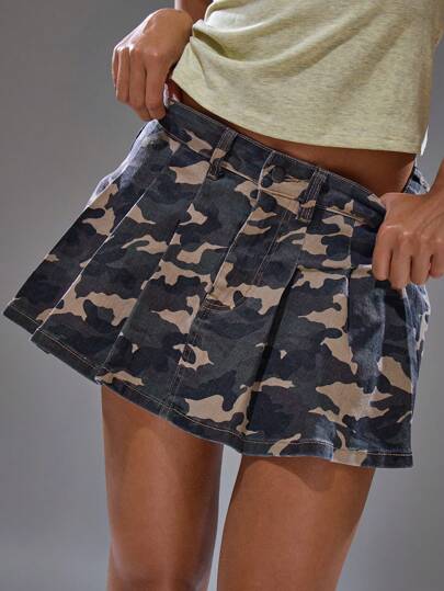 MUSERA 褶裥迷彩牛仔迷你裙，适合春季、夏季、街头风、Y2K风格、酷女孩、都市缪斯、外出、夜生活、晚宴、派对、优雅圣诞装扮。
