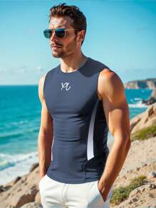 Manfinity Swimmode Men's Holiday Beach Letter Print Surfing Tank Top Rash Guard Men Men Rashguard Swim Shirt Men Men's Swim Shirt