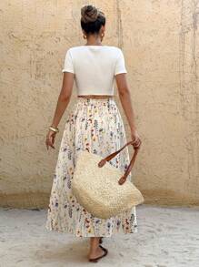 SHEIN Frenchy Women's Ditsy Floral Paper Bag Waist Elastic Casual Loose Summer Skirt White - White - View 2