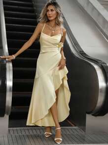 Siren Gaze Women Backless Tie Spaghetti Strap Flouncing Side Slit Satin Dress,Pale Yellow,Summer,Seductive,Vacation,Holiday,Champagne Evening Gown Party Dress - Light Yellow - View 7