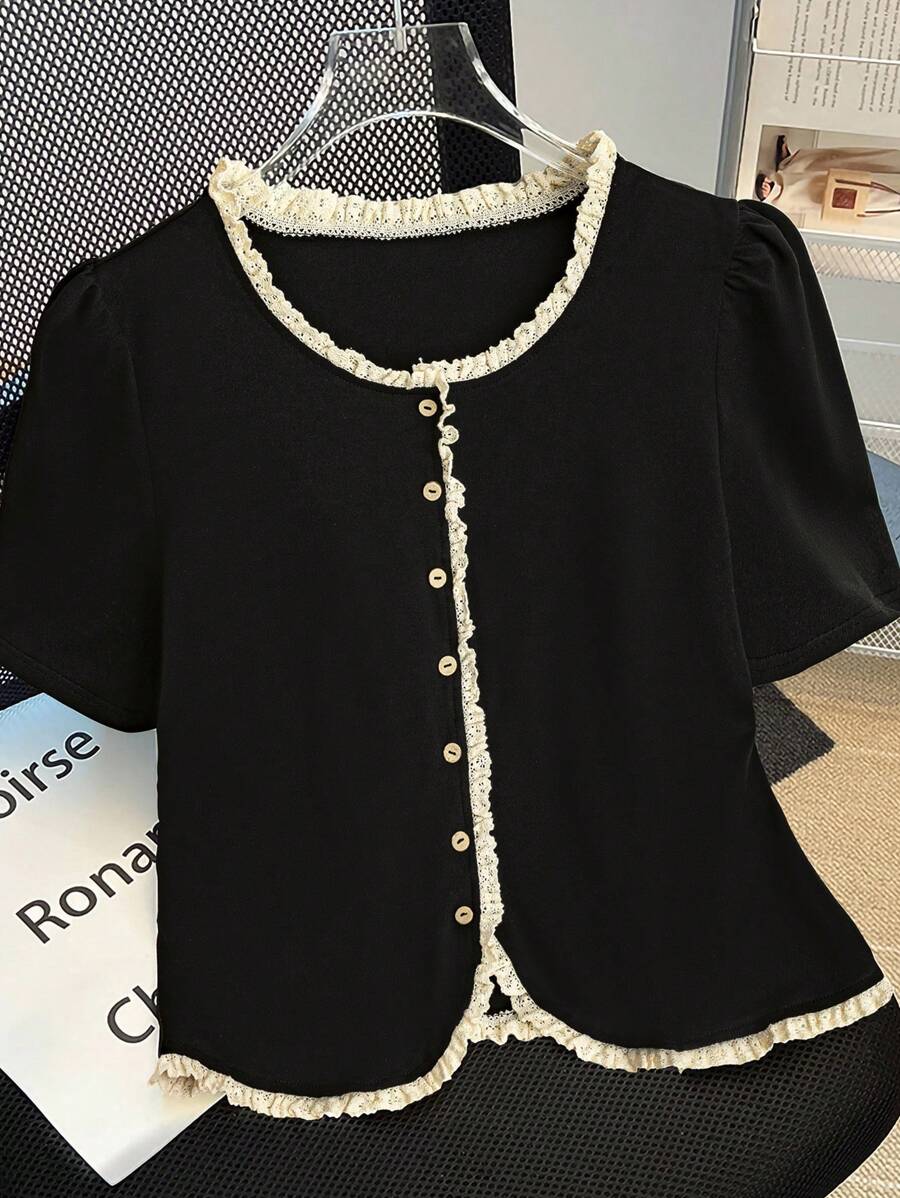 GlowEve Women's Elegant Contrasting Color Lace Trim T-Shirt, Summer