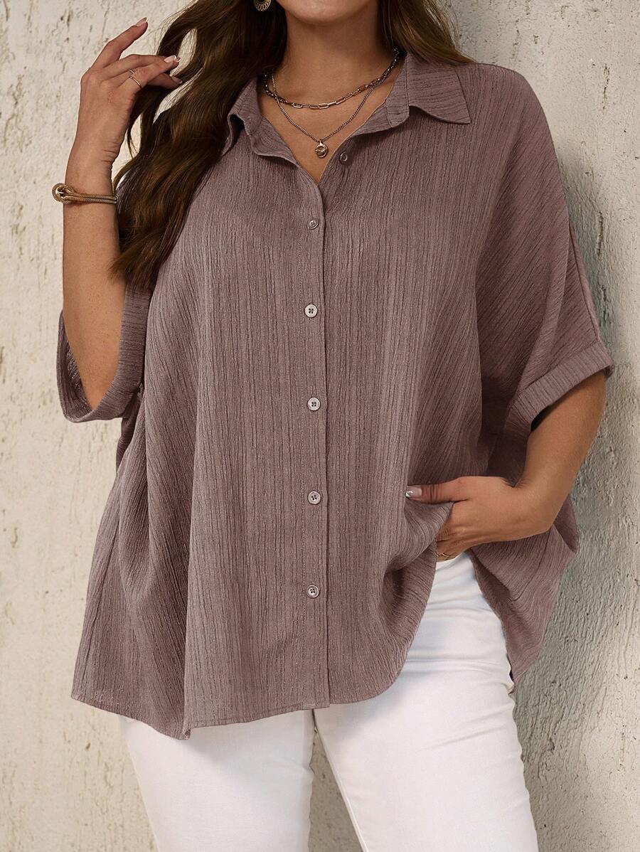 EMERY ROSE 大码女式纯色蝙蝠袖度假休闲衬衫 - 紅木色 - 查看 1