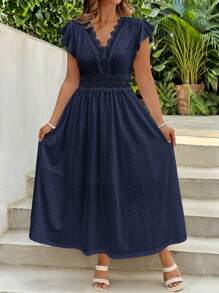 SHEIN Clasi Plus Size Women Lace Patchwork Elastic Knit Dress, Spring/Summer, White, A-Line, Cap Sleeve,Summer Dresses For Women - Navy Blue - View 3
