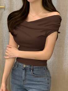 DAZY Women Solid Color Off-Shoulder Short Sleeve T-Shirt, Spring/Summer - Brown - View 2