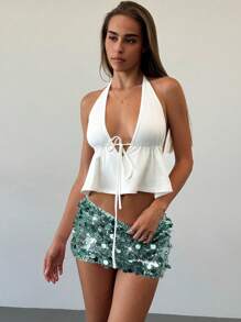 Aloruh 音乐节年轻女士百搭低腰粉色亮片迷你短裤 - 綠色 - 查看 4