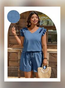 SHEIN LUNE 2 件加大码纯色短袖 V 领上衣和短裤套装，时尚夏季机场装女士两件套浪漫优雅，通勤度假装极简主义，简单时尚适合日常穿着，Ins 博主装，优雅个性化派对，优雅日常派对活动度假风格，假日装扮，波西米亚风 2 件套女士机场装女士教师装女士度假两件套度假装女士度假风格，假日装扮，波西米亚风，两件套 - 藍色 - 查看 6