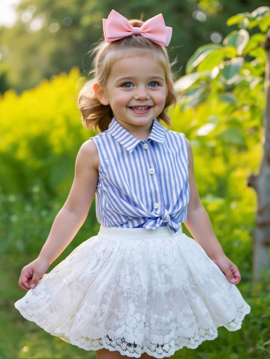 SHEIN Babygirl 可爱百搭条纹扭结无袖上衣，夏季 - 藍白色 - 查看 1