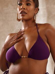 MUSERA 加大码露背金色圆盘细节系带三角比基尼上衣仅限春夏优雅度假伊比沙岛可爱泳装海滩性感