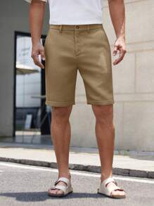 Manfinity VCAY Men's Woven Solid Color Mid-Waist Straight Leg Shorts, Suitable For Daily Wear, Spring/Summer Men Khaki Shorts Mens Work Shorts Men Brown Shorts Khaki Bermudas Mens Textured Shorts