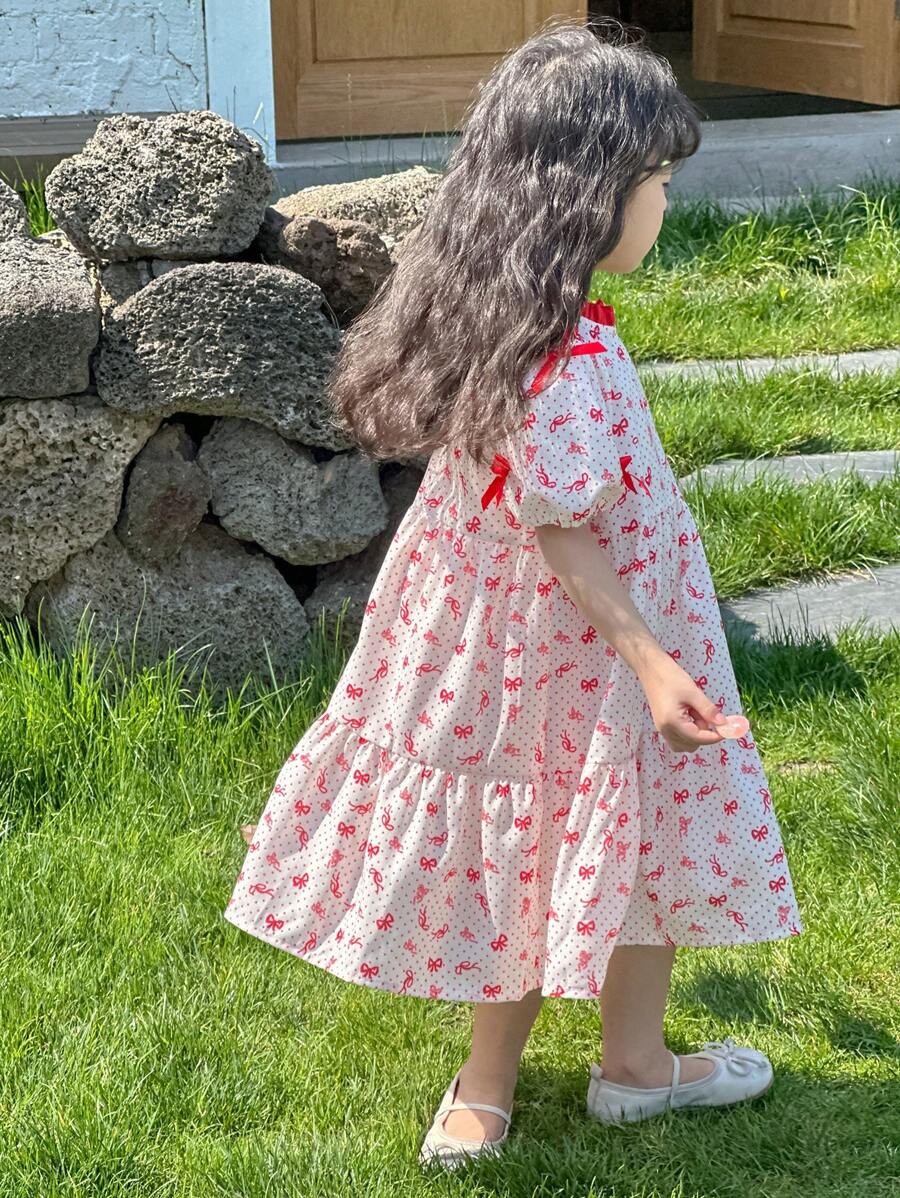 DAZY Young Girls' Round Neck Full Print Bowknot Sweet Mid-Length Dress,Girls Summer Outfits