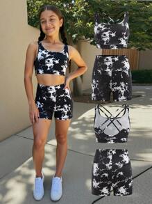 SHEIN Ensemble 2 pièces top court de sport et short taille haute en tissu tie-dye extensible et confortable avec dos croisé. Convient pour le yoga - Noir et Blanc - Voir 1