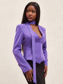 NYA SZN Deep Purple Elegant Office Blazer Top For Women,Autumn Long Sleeve Scarf Neck Statement Casual Music Festival Vacation Brunch Modest Beach Siren Top - Purple - View 7