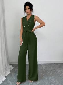 Elenzga 新款优雅休闲翻领双排扣束腰无袖女式连体衣，春夏季 - 綠色 - 查看 6