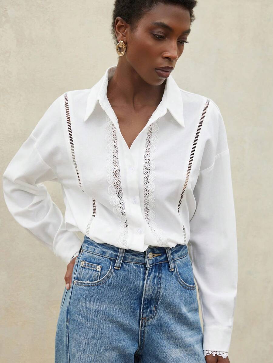 Aveloria Modichic White Lace Crochet Panelled Long Sleeve Blouse For Women Fall Cloth For Women - White - View 1