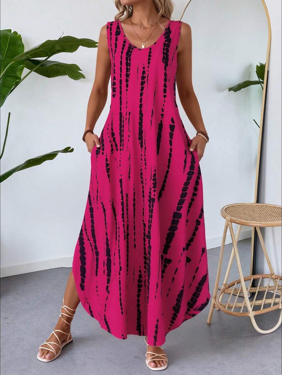 SHEIN LUNE Vestido casual y elegante para mujer con cuello en V, abertura lateral, bajo asimétrico con bolsillos, cintura alta, corte evasé, sin mangas y estampado geométrico, ideal para vacaciones - Rosa Fucsia - Ver 1