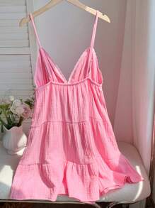 Comfortcana Women Casual Solid Color Backless Spaghetti Strap Short Dress, Summer Summer Dresses For Women - Pink - View 2