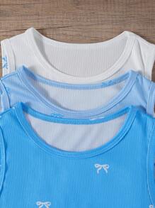 SHEIN 买一送三，3件套少女休闲优雅乡村风吊带背心。粉色无袖短款背心，蝴蝶结刺绣，适合春夏季节 - 淺藍色 - 查看 6