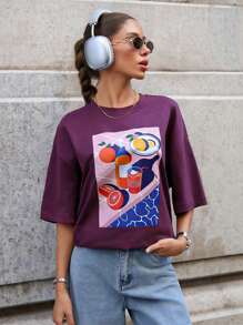 SHEIN Camisetas de mujer de manga corta con detalles impresos de unicolor