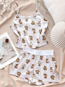 Teen Girls Spring & Summer Valentines, House, Clean Girl/American BM Style, Lace Ruffle Bow Bear Graphic Camisole Top And Shorts Cute Clothes Set