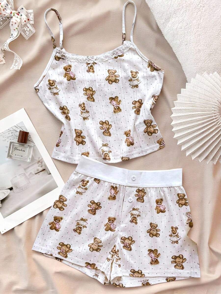 Bộ áo hai dây và quần short in hình gấu dành cho bé gái tuổi teen, thích hợp cho mùa hè. - trắng - Xem 1