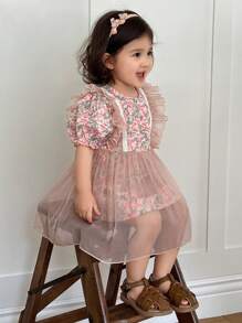 DAZY 女童圆领全印花网眼拼布中长款生日派对连衣裙 - 粉色 - 查看 1