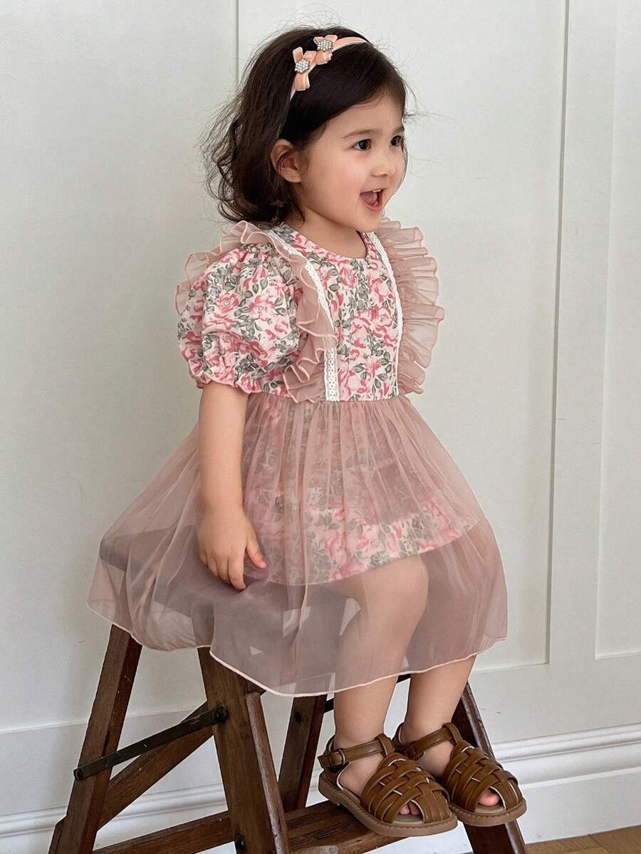 DAZY 女童圆领全印花网眼拼布中长款生日派对连衣裙 - 粉色 - 查看 1