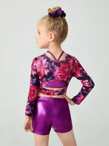 SHEIN 年轻女孩 3 件套：长袖图案 T 恤、彩色运动背心和短裤、紧身衣设计弹力健身户外运动舞蹈瑜伽体操连体衣 - 彩色 - 查看 3