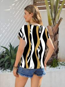 Shutterstock Glamance Elegant Black & Yellow Striped Pattern V-Neck Short Sleeve Women Blouse - Navy Blue - View 2