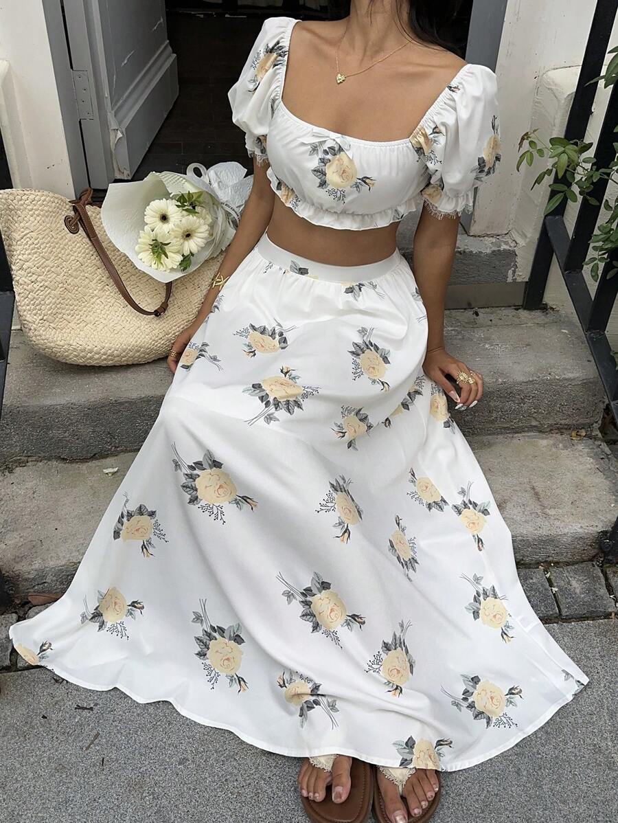 Lyxana Set de 2 piezas para mujer con Top y falda con estampado de flores amarillas, ribete de encaje y lazo en los puños - Multicolor - Ver 1