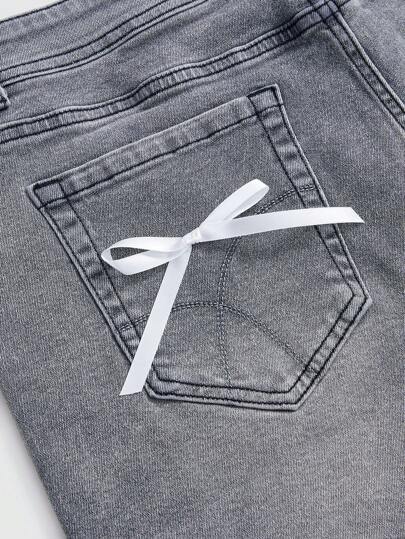 Kawaii Short en jean gris élastique grande taille pour femmes avec décoration nœud, été