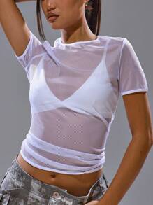 MUSERA Mesh Short Sleeve Crew Neck Top Spring Streetwear Y2K Cool Girl Cute City Muse Fall Back To School ,Elegant - White - View 2