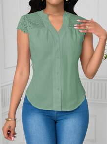 SHEIN Unity Blusa elegante de mujer con mangas cortas, de encaje y patrón de onda - Verde - Ver 3