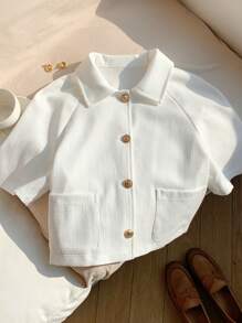 SHEIN EZwear Women Solid Color Raglan Sleeve Short Sleeve Single Breasted Casual Pocket Jacket