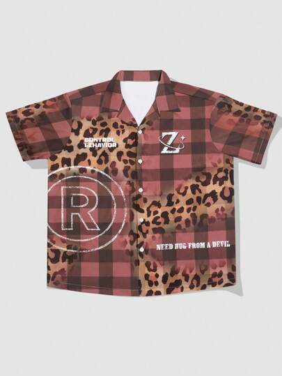 Street Life قميص رجالي قصير الأكمام بطبعات منقوشة بخطوط مربعة ونمط النمر، صيفي