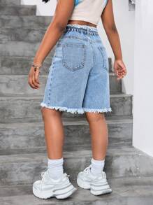 SHEIN Tween Girls Frayed Star Print Blue Denim Shorts - Light Wash - View 2