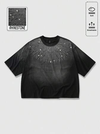 Street Life Camiseta suelta con adornos de diamantes desgastados de moda para hombres, de verano