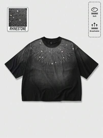 Men's Street Life Fashionable Distressed Diamond Embellished Loose Fit T-Shirt, Summer