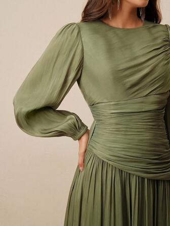 Anewsta Rochie de damă verde măsliniu, cu mânecă lungă și talie plisată, strălucitoare, elegantă și versatilă