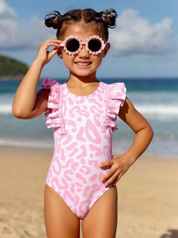 SHEIN Traje de baño de una pieza con volantes y estampado floral tropical para niñas, conjunto de playa con efecto tie-dye rosa, atuendo para nadar y usar en la playa