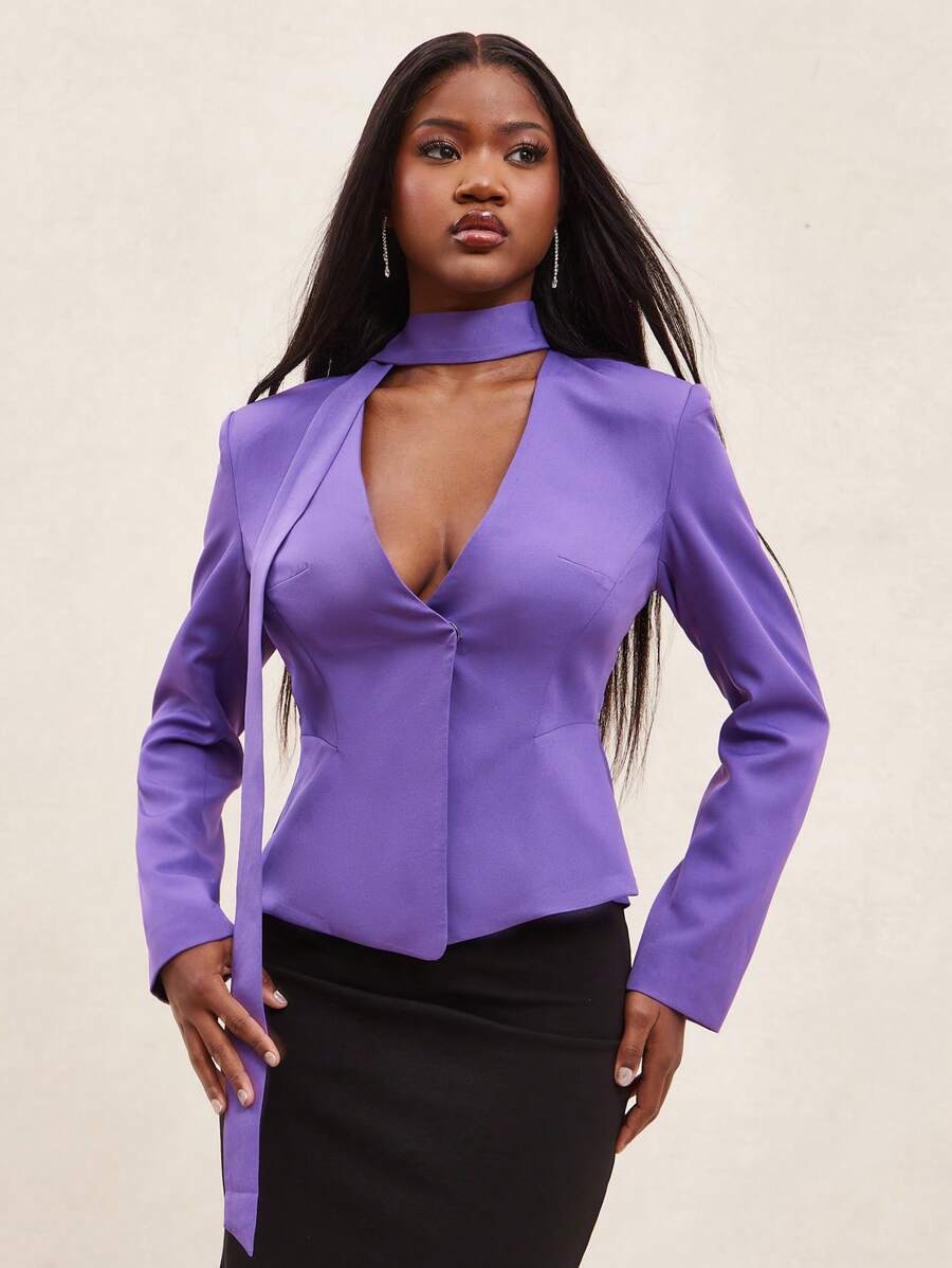 NYA SZN Deep Purple Elegant Office Blazer Top For Women,Autumn Long Sleeve Scarf Neck Statement Casual Music Festival Vacation Brunch Modest Beach Siren Top - Purple - View 1