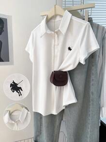休闲时尚Polo领刺绣短袖T恤，夏季时尚单品 - 白色 - 查看 1