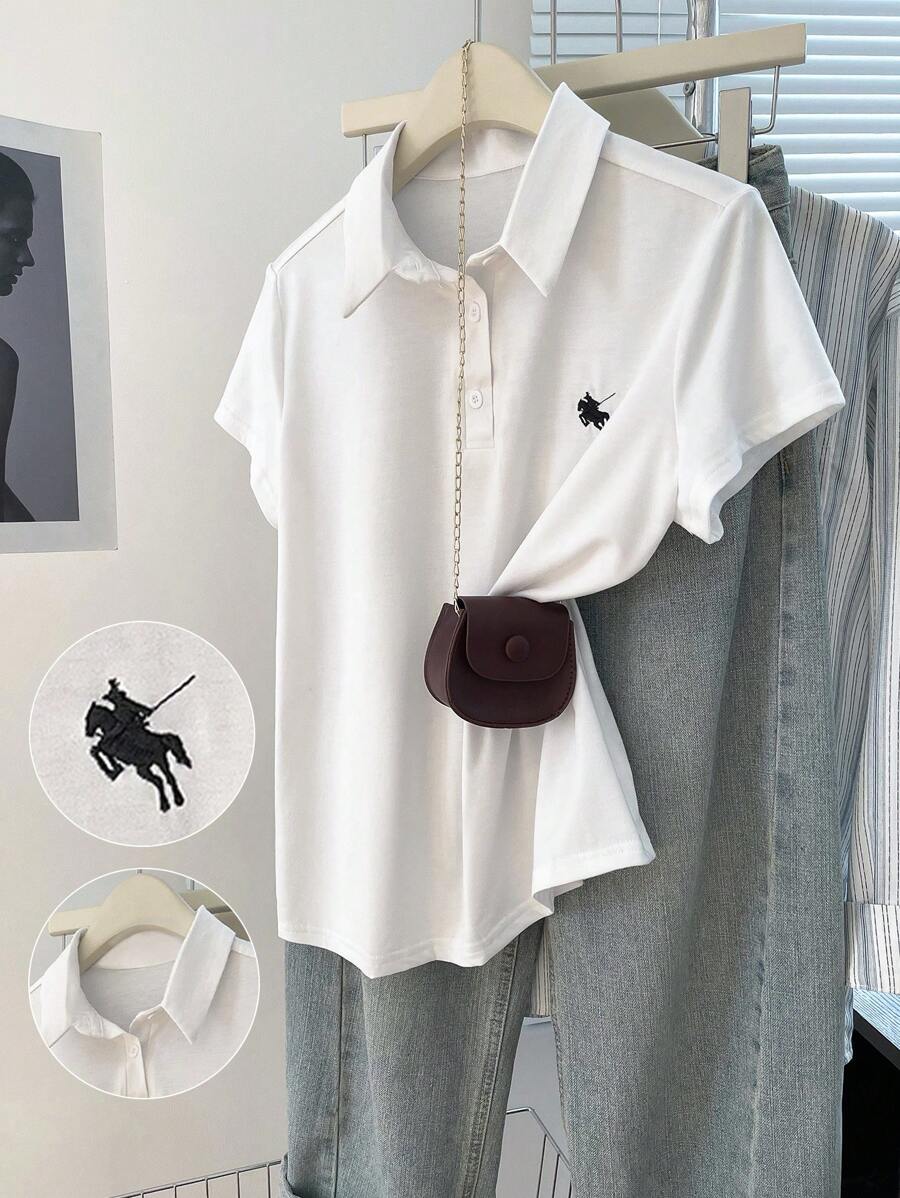 休闲时尚Polo领刺绣短袖T恤，夏季时尚单品 - 白色 - 查看 1