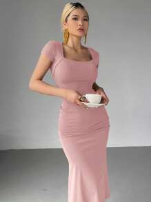 DAZY 女士纯色裹身方领鱼尾中长连衣裙 - 粉色 - 查看 4