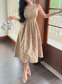 DAZY 1pc Women All-Over Floral Print Square Neck Sleeveless Mid-Length Dress - Khaki - View 5