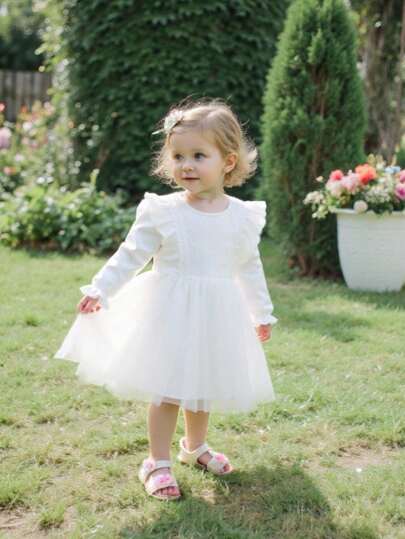 Souflis Souflis 女婴撞色蕾丝长袖甜美网眼拼布连衣裙