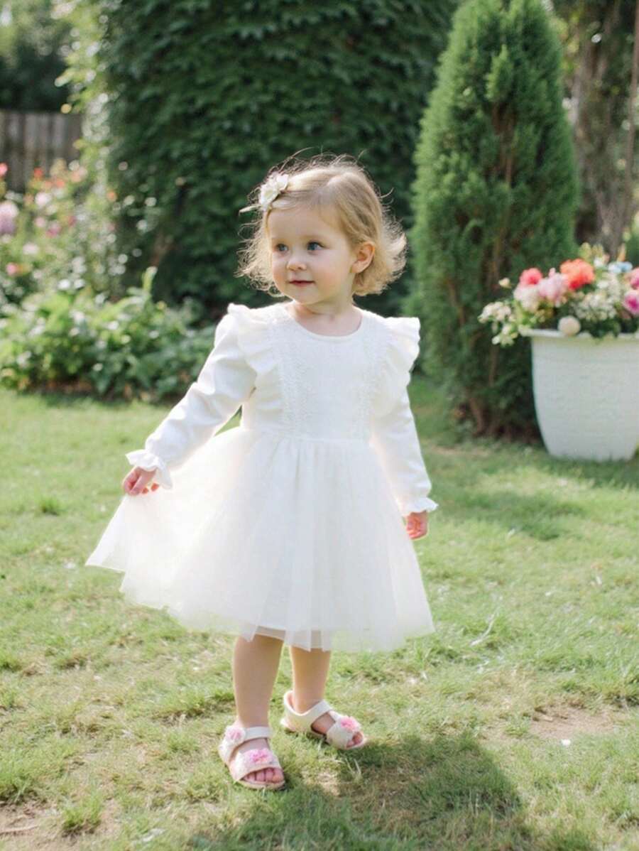 Souflis Souflis Baby Girls' Contrast Lace Long Sleeve Sweet Mesh Patchwork Dress - White - View 1